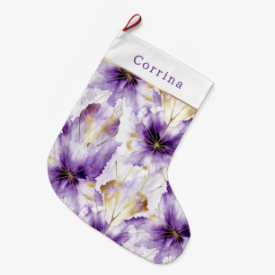 Purple White Gold Abstract Iris Floral Large Christmas Stocking
