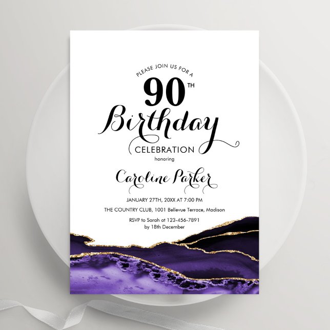 Purple White Gold Agate 90th Birthday Invitation (Creator Uploaded)