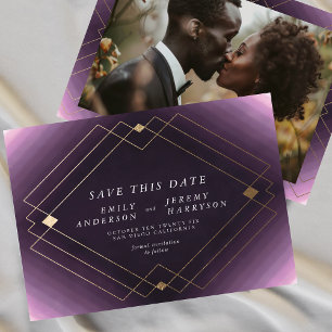Purple & White   Gold Deco Lines Save The Date Announcement