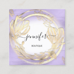 Purple White Gold Floral QRCode Logo Square Business Card