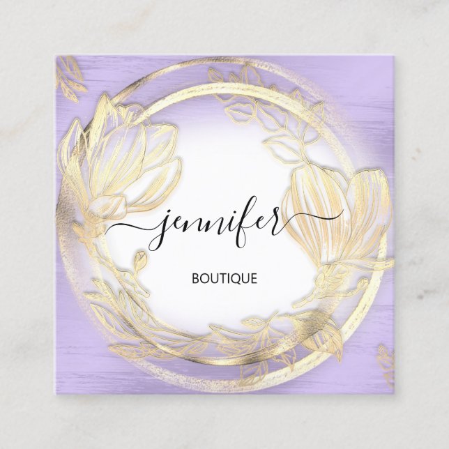 Purple White Gold Floral QRCode Logo  Square Business Card (Front)