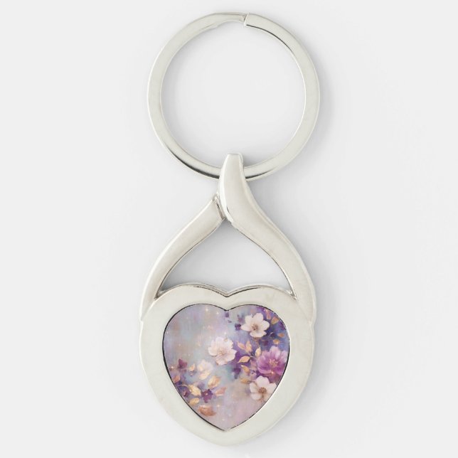 Purple White Gold Flowers Key Ring (Front)
