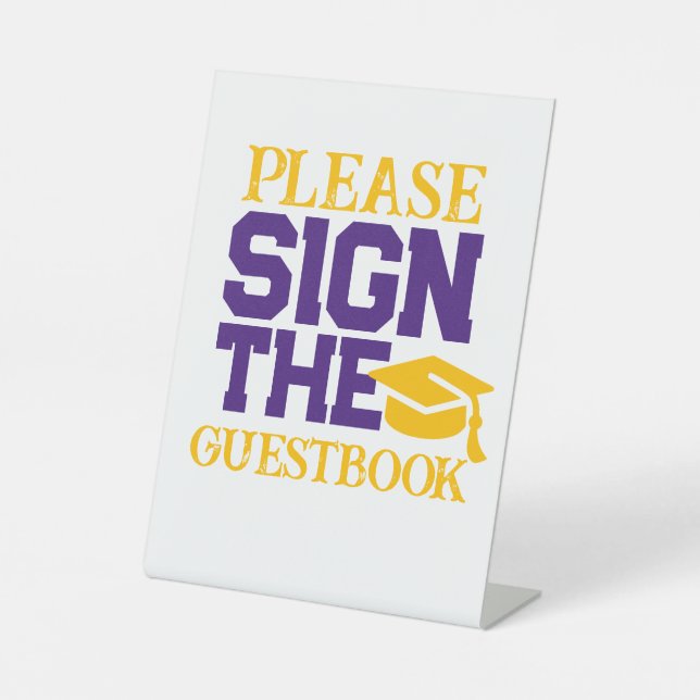Purple, White & Gold Guestbook Graduation Table Pedestal Sign (Front)