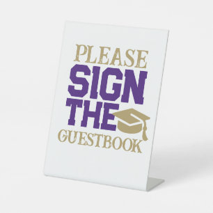 Purple, White & Gold Guestbook Graduation Table Pedestal Sign