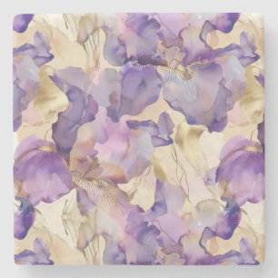 Purple White Gold Iris Floral Abstract Stone Coaster