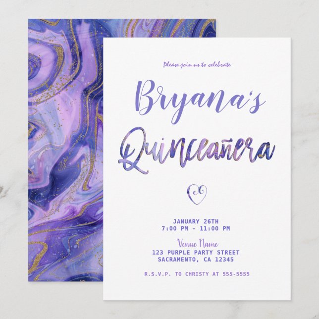 Purple White Gold Marble Chic Glam 15 Quinceañera  Invitation (Front/Back)
