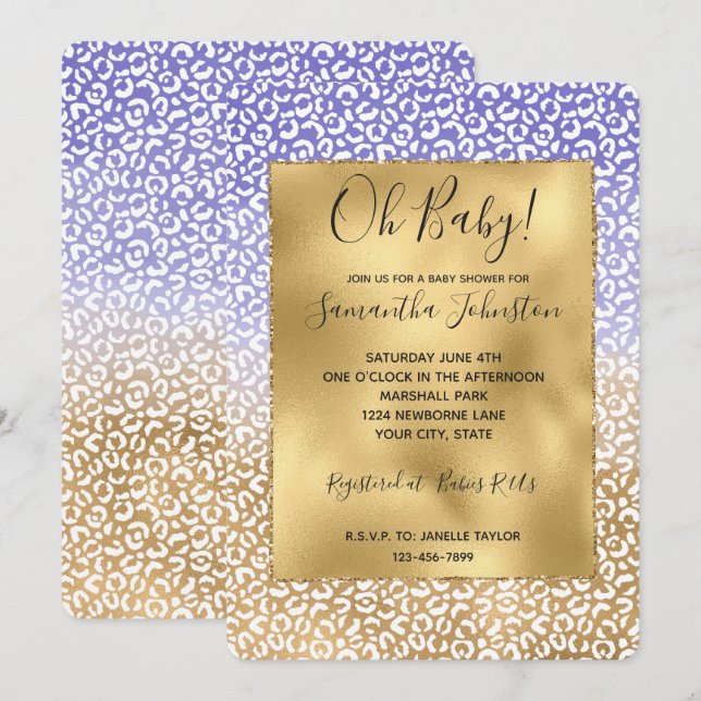 Purple White Gold Ombre Leopard Print Invitation (Front/Back)