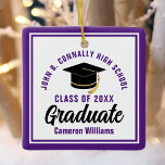 Purple White Graduate 2024 Personalized Christmas Ceramic Ornament<br><div class="desc">This modern purple and white custom graduate Christmas ornament feature classy typography of your university or college name for the class of 2024. Customize with your graduating year next to the chic handwritten script and black grad cap for a great personalized congratulations graduation gift.</div>