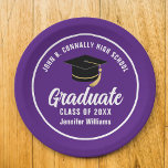 Purple White Graduate Custom 2024 Graduation Party Paper Plate<br><div class="desc">This modern purple and white custom graduation party paper plate features classy typography of your high school or college name for the class of 2024. Customise with your graduating year under the chic handwritten script and black grad cap for great personalised graduate decor.</div>