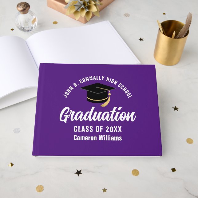 Purple White Graduate Customised Graduation Party Guest Book (Front Open)