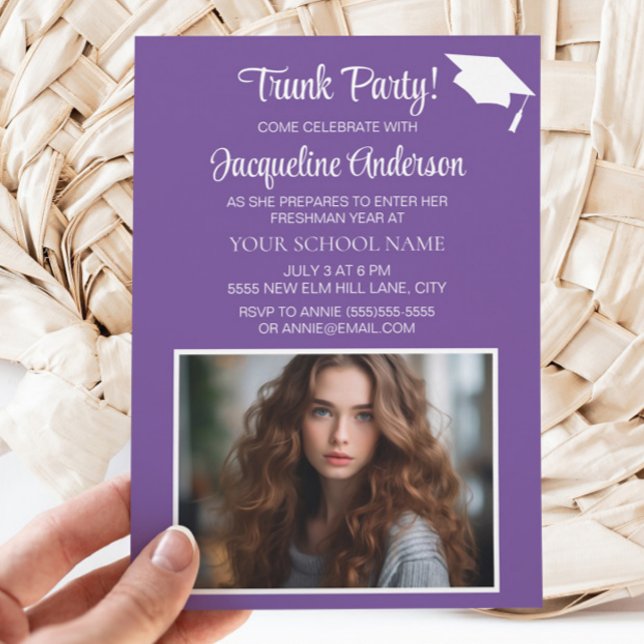Purple White Graduation Cap Trunk Party Photo Invitation (Purple graduation Trunk Party photo invitation)
