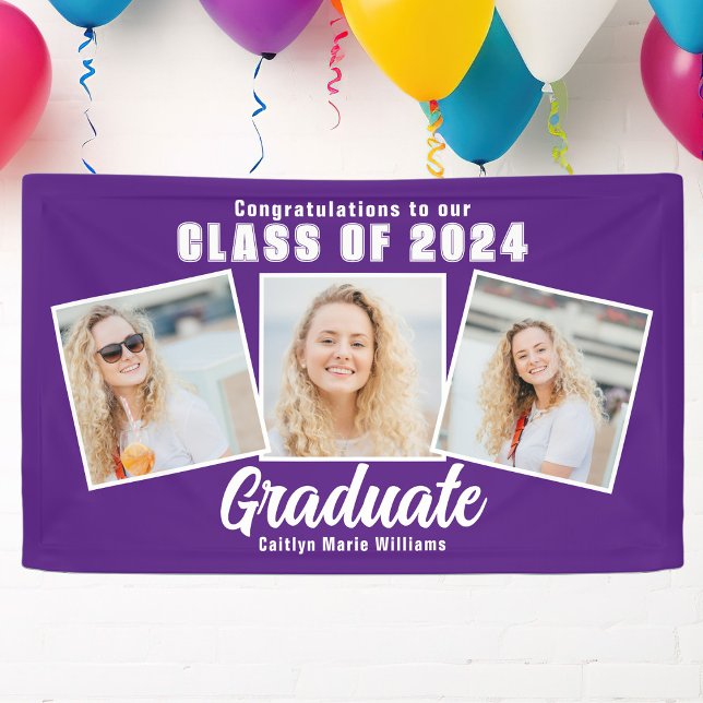 Purple White Graduation Party 3 Photo Collage Banner (Creator Uploaded)