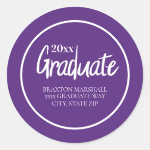 Purple White Graduation Year Name Address Classic Round Sticker