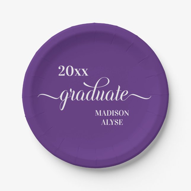 Purple White Graduation Year Name Paper Plate (Front)