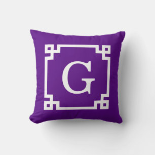 Purple White Greek Key Frame #2 Initial Monogram Cushion