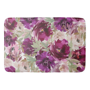 Purple White Green Botanical Floral Bath Mat