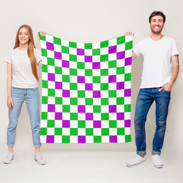 Purple White Green Chequered Design  Fleece Blanket (In Situ)