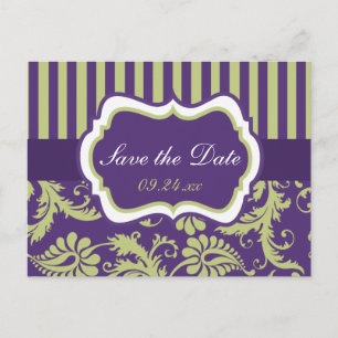 Purple, White, Green Damask Save the Date Card
