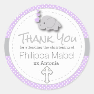 Purple, White, Grey 🐘 Elephant Baby Christening Classic Round Sticker