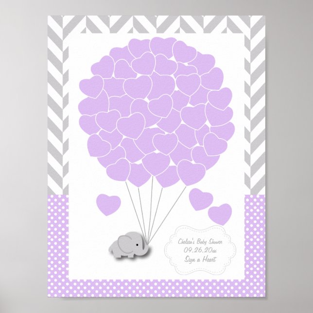 Purple, White Grey Elephant Baby Shower 2 - Guest Poster (Front)