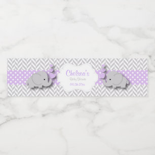 Purple, White Grey Elephant Baby Shower Water Bottle Label