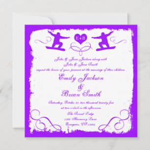 Purple white grunge snowboarder wedding invitation