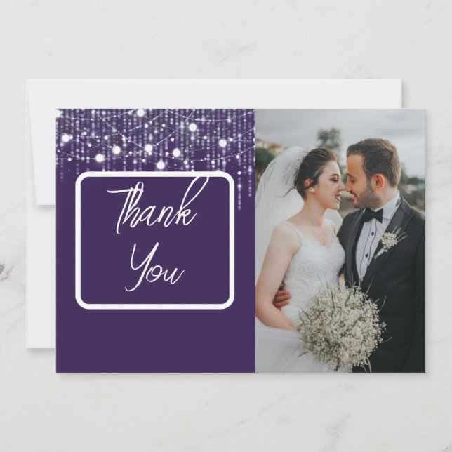 Purple & White Hanging Lights Photo Thank You Card (Front)