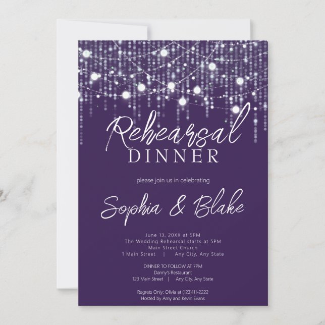 Purple & White Hanging Lights Rehearsal Dinner Invitation (Front)