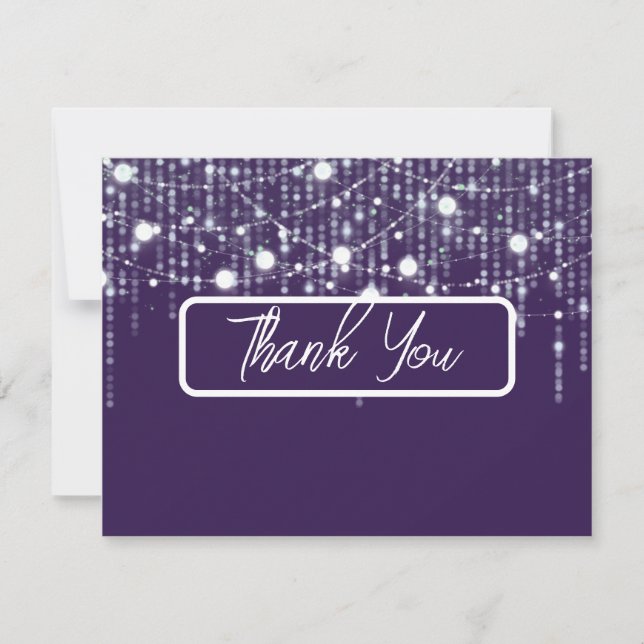 Purple & White Hanging Lights Wedding Thank You Card (Front)