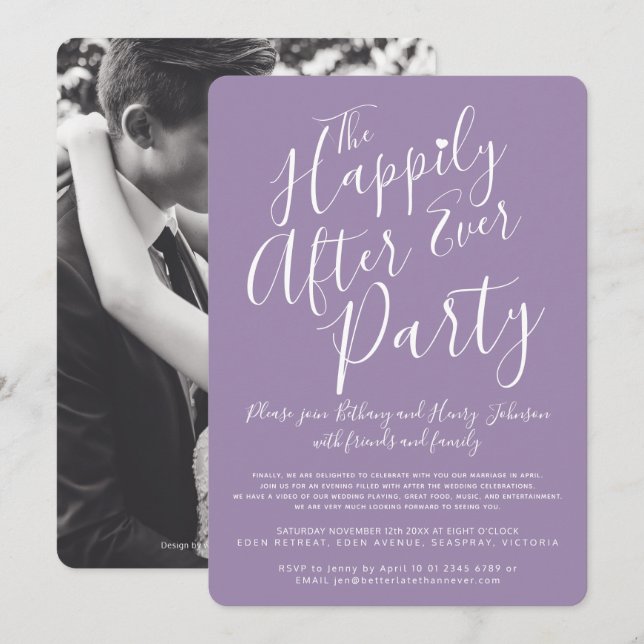 Purple white happily ever after wedding party invitation (Front/Back)