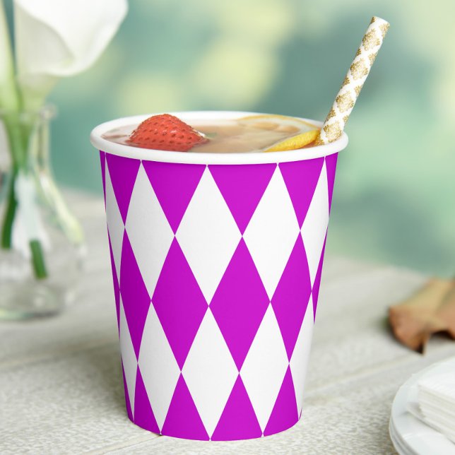Purple White Harlequin Diamonds Checkers Design  Paper Cups (Creator Uploaded)