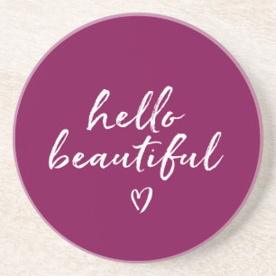 Purple White Hello Beautiful Inspirational Heart Coaster