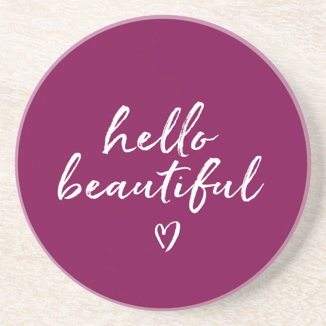 Purple White Hello Beautiful Inspirational Heart Coaster (Front)