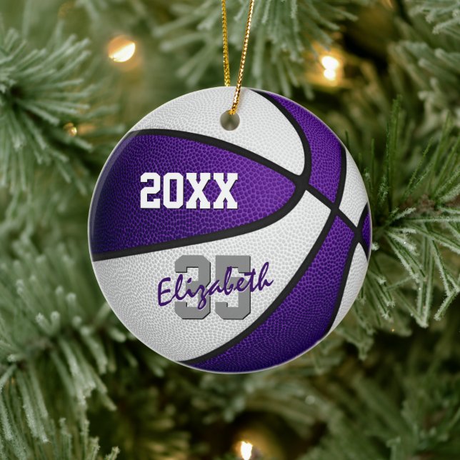 purple white her his basketball team memento ceramic tree decoration (Tree)