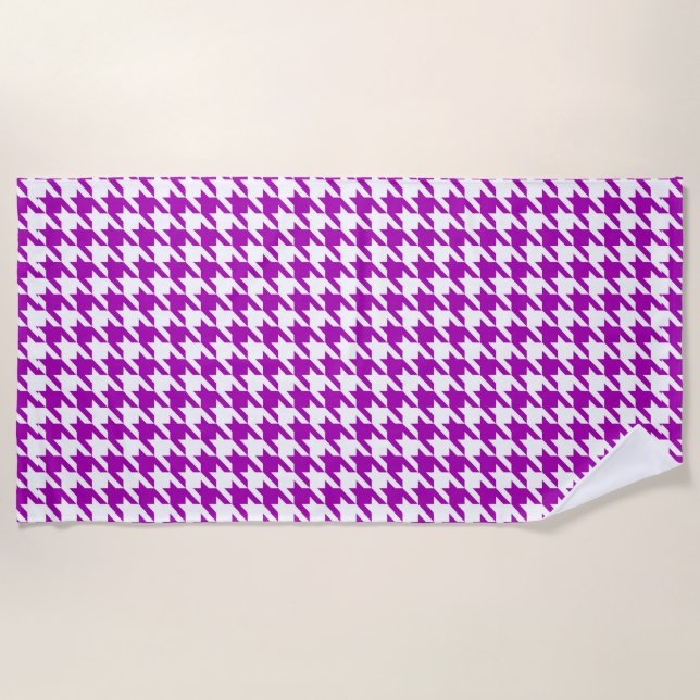 Purple White Houndstooth Check Beach Towel (Front)