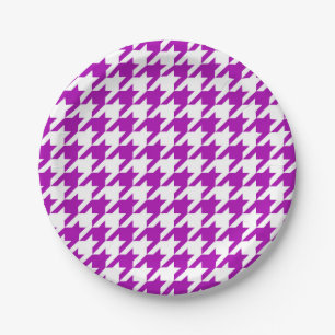 Purple White Houndstooth Check Paper Plate