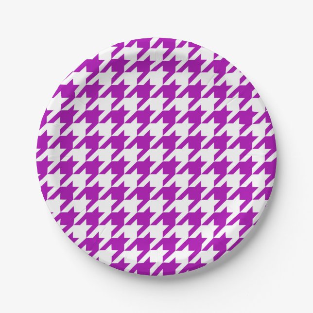 Purple White Houndstooth Check Paper Plate (Front)