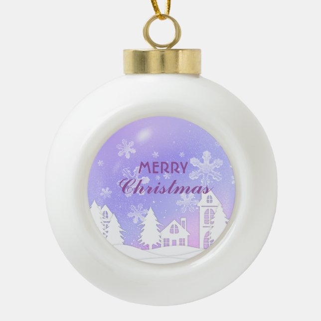 Purple White House Snow Merry Xmas  Ornament (Front)