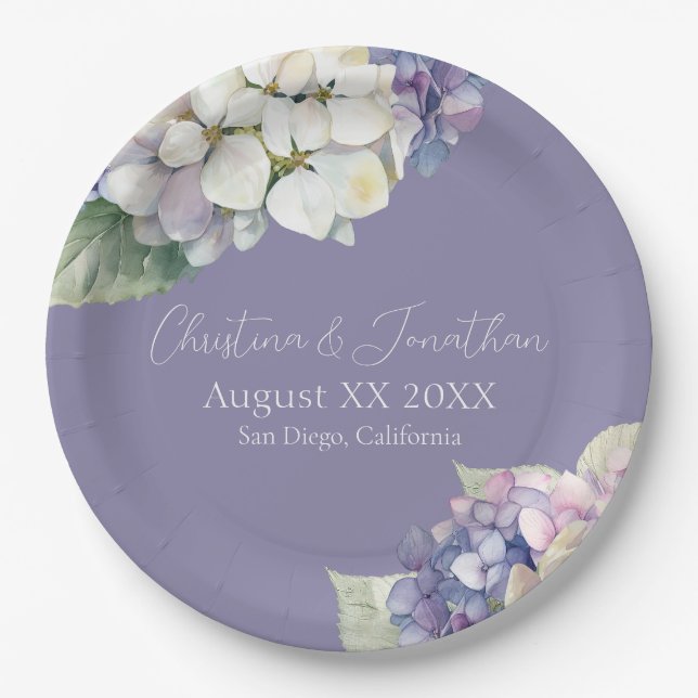 Purple & White Hydrangea Flowers on Lavender Paper Plate (Front)