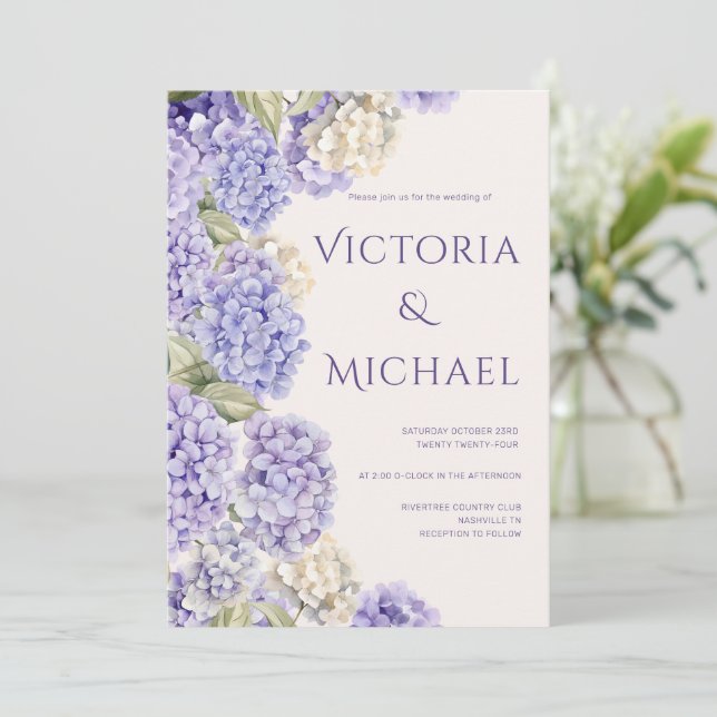Purple White Hydrangeas Elegant Modern Wedding Invitation (Standing Front)
