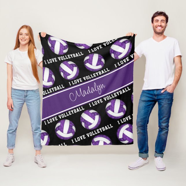 purple white I love volleyball text phrase Fleece Blanket (In Situ)