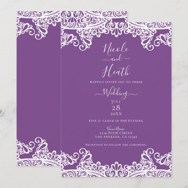 Purple & White Lace Elegant Wedding  Invitation (Front/Back)