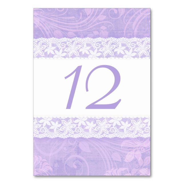 Purple white lace print wedding table numbers (Front)