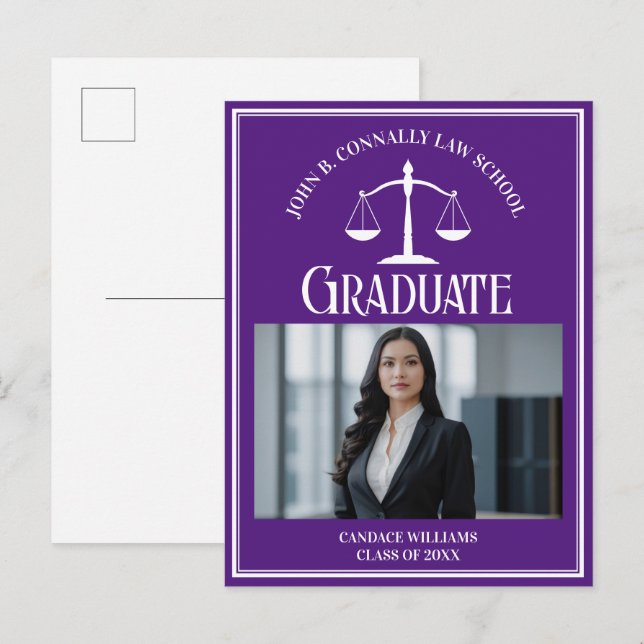 Purple White Law School Photo Graduation Announcement Postcard (Front/Back)