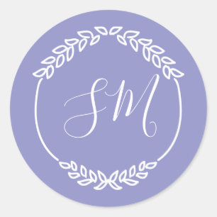 Purple White Leaf Wreath Monogram Wedding Classic Round Sticker