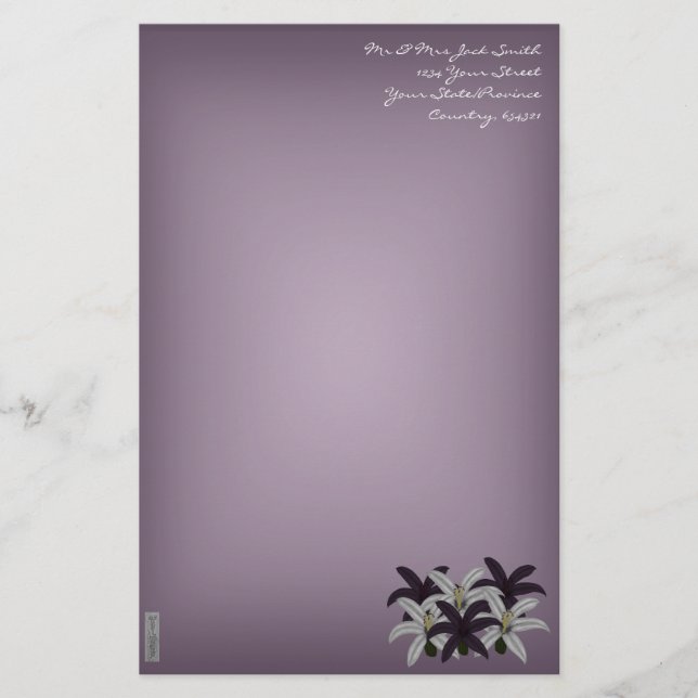 Purple & White Lillies Stationery (Front)