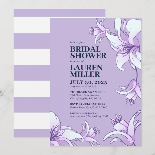 Purple White Lily Flower Floral Bridal Shower Invitation (Front/Back)