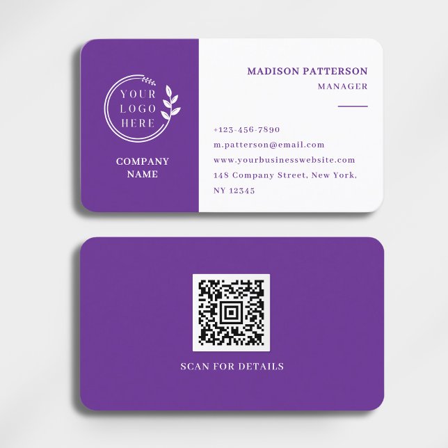 Purple White Logo QR Code Minimalist Modern Business Card (Creator Uploaded)