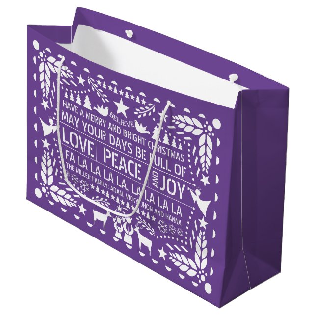 Purple white Love Peace Joy papel picado Christmas Large Gift Bag (Front Angled)