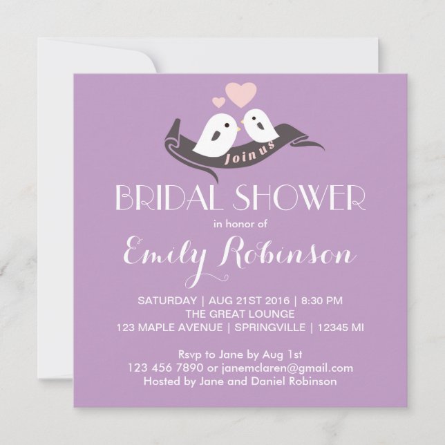 Purple White Lovebirds Bridal Shower Invitation (Front)
